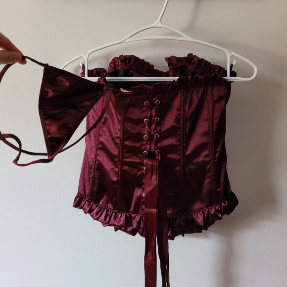 Women's Burgundy Corset / Bustier Set - Picture 4 of 11